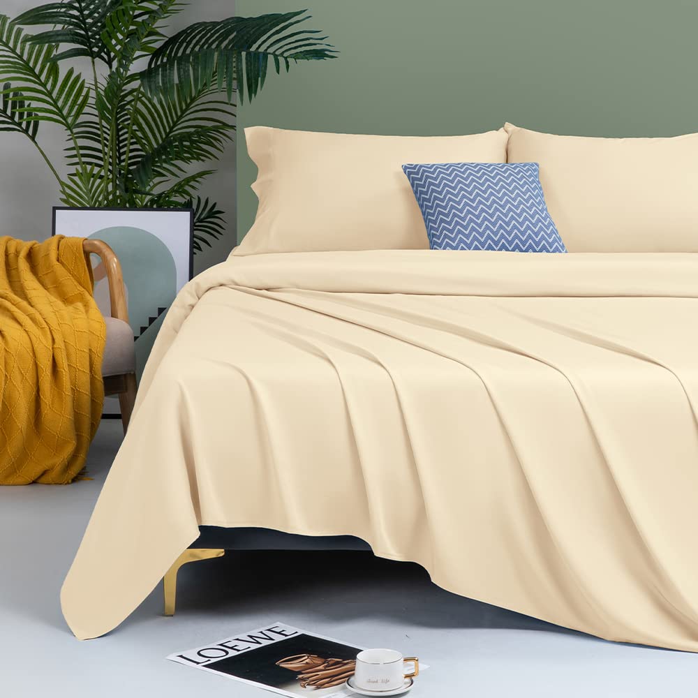 Shilucheng 100% Cooling Bamboo_ Sheets Set- Cal King Size 1800 Thread Count Soft Bed Sheets,16 Inch Deep Pocket,Breathable,Comfortable And Pilling Resistant -4Pc(Cal King,Beige)